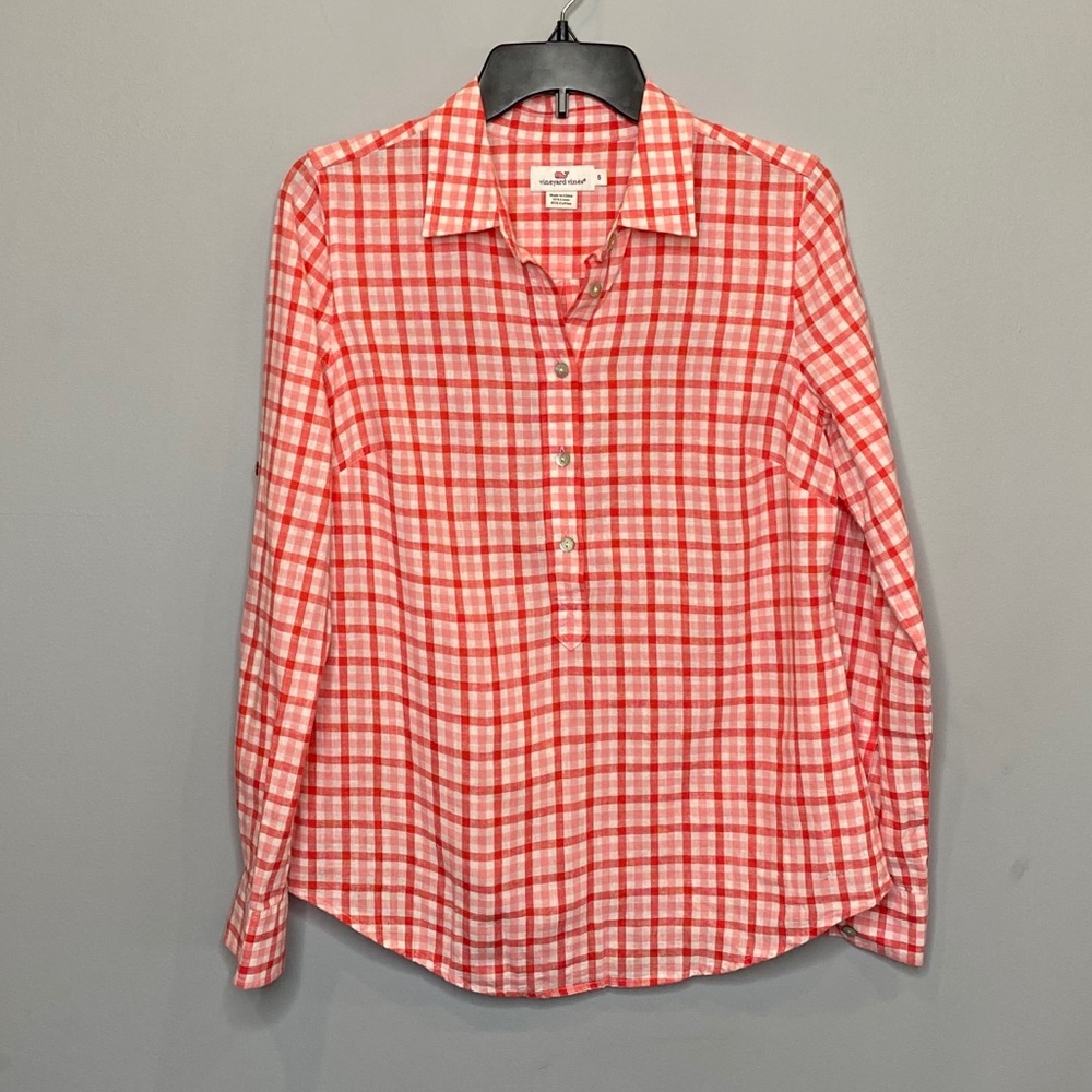 Vineyard Vines Gingham Plaid Pink & Orange Pullover Blouse